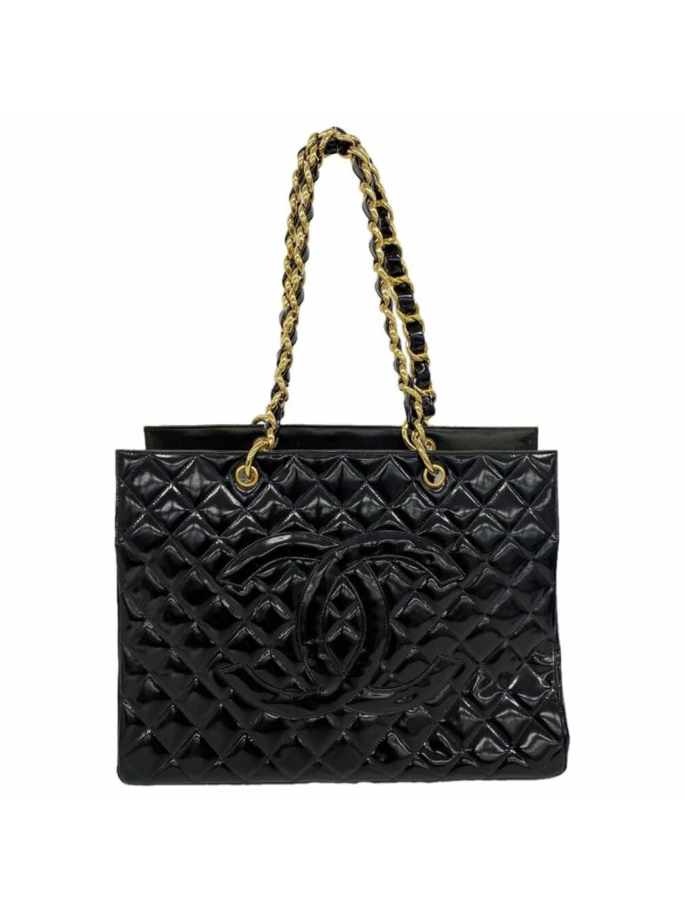 Chanel Chain Tote Bag Quilted Patent Leather Black Gold